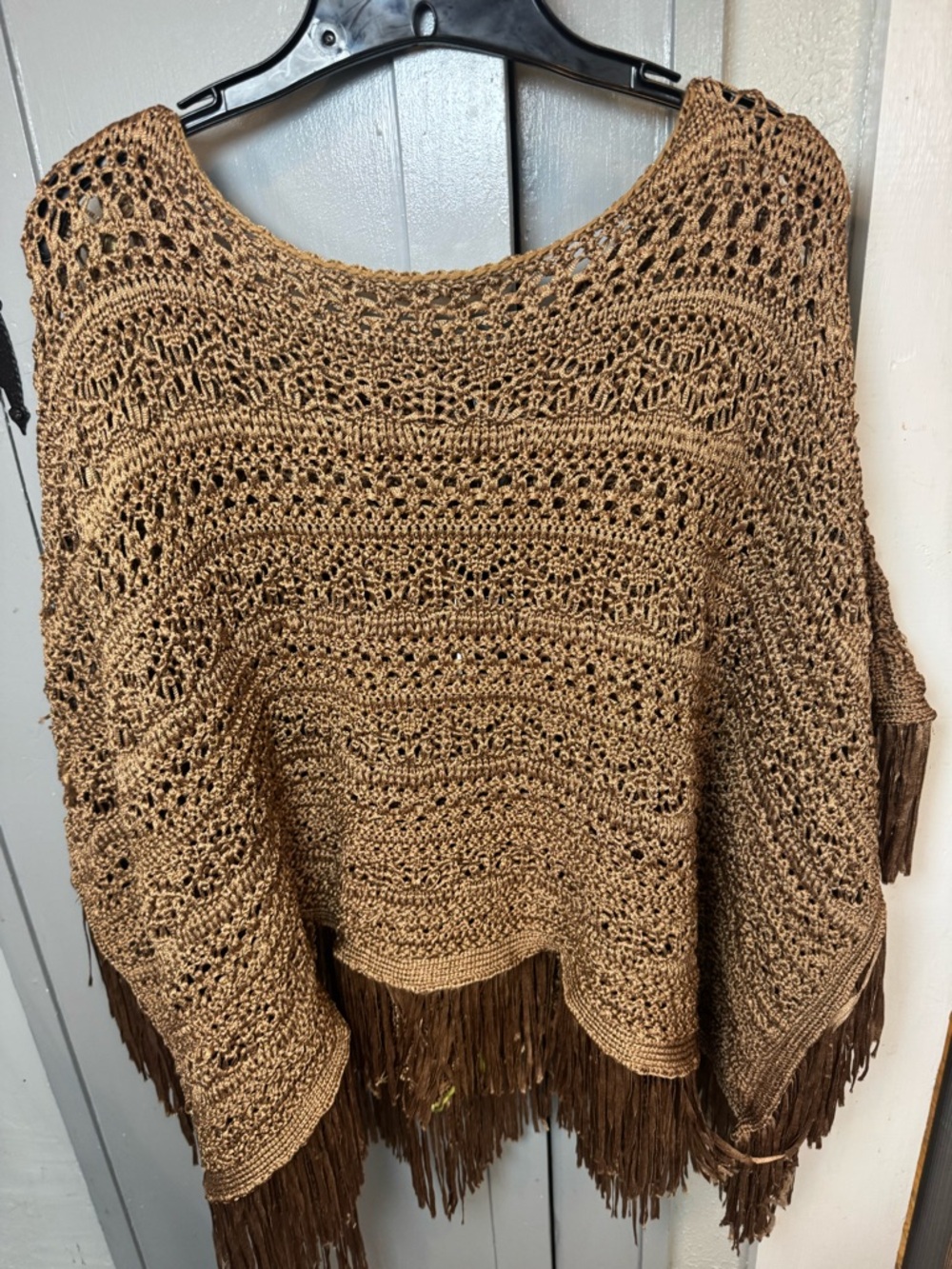 Lauren Ralph Lauren Brown Crochet Fringe Poncho Sweater
